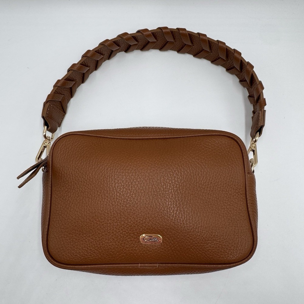 Grilli Roma Brown Pebbled Leather Shoulder Bag Woven Strap Italian Handbag